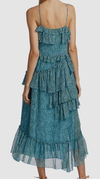 Cinq à Sept Vestido Rayner Ruffle Chiffon em Celeste Multi, Tamanho 6