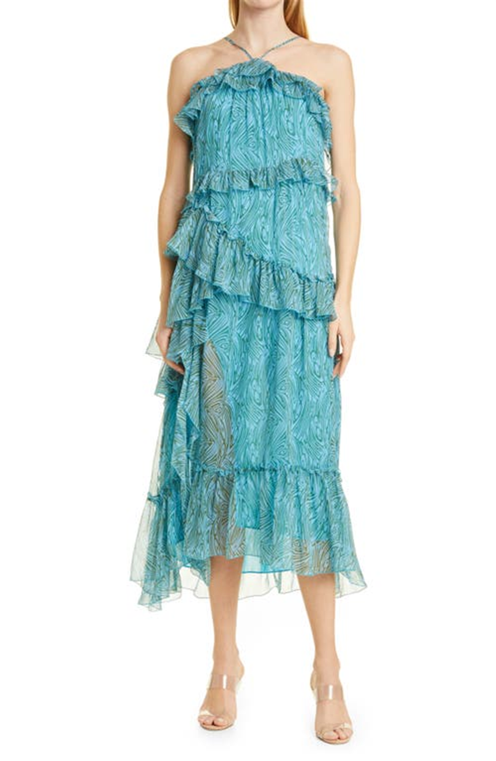 Cinq à Sept Vestido Rayner Ruffle Chiffon em Celeste Multi, Tamanho 6