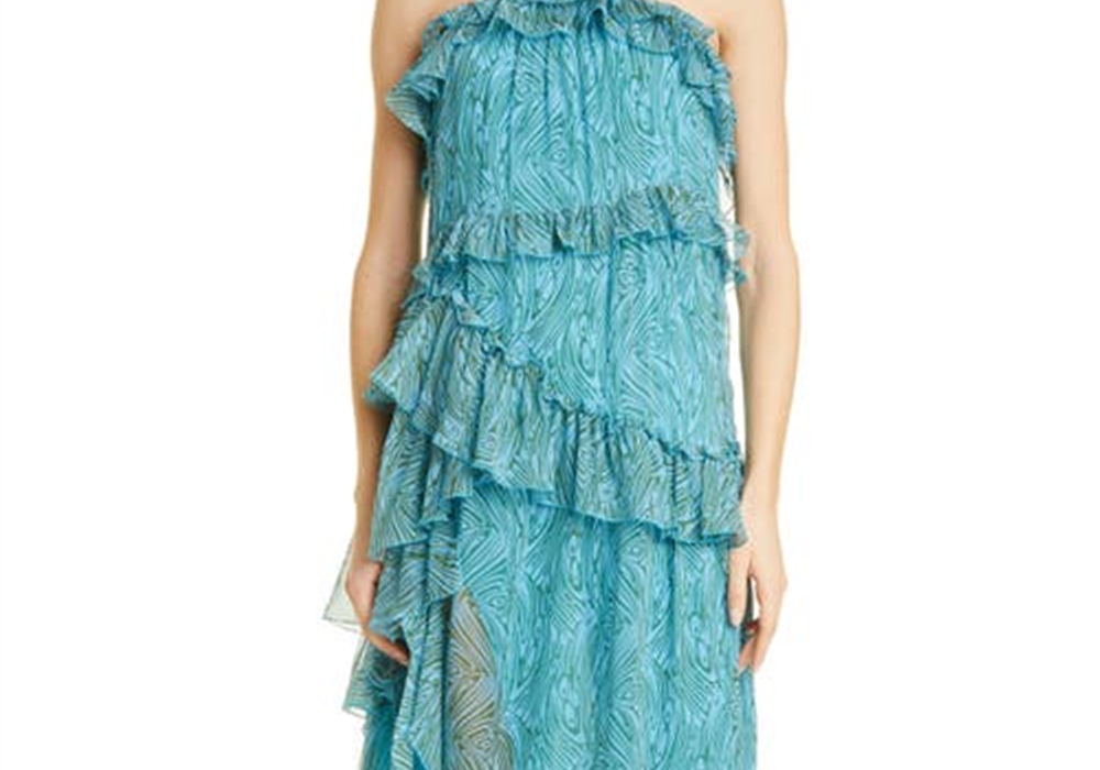 Cinq à Sept Vestido Rayner Ruffle Chiffon em Celeste Multi, Tamanho 6