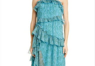 Cinq à Sept Vestido Rayner Ruffle Chiffon em Celeste Multi, Tamanho 6