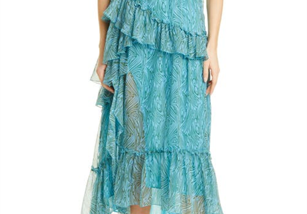 Cinq à Sept Vestido Rayner Ruffle Chiffon em Celeste Multi, Tamanho 6