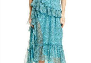 Cinq à Sept Vestido Rayner Ruffle Chiffon em Celeste Multi, Tamanho 6