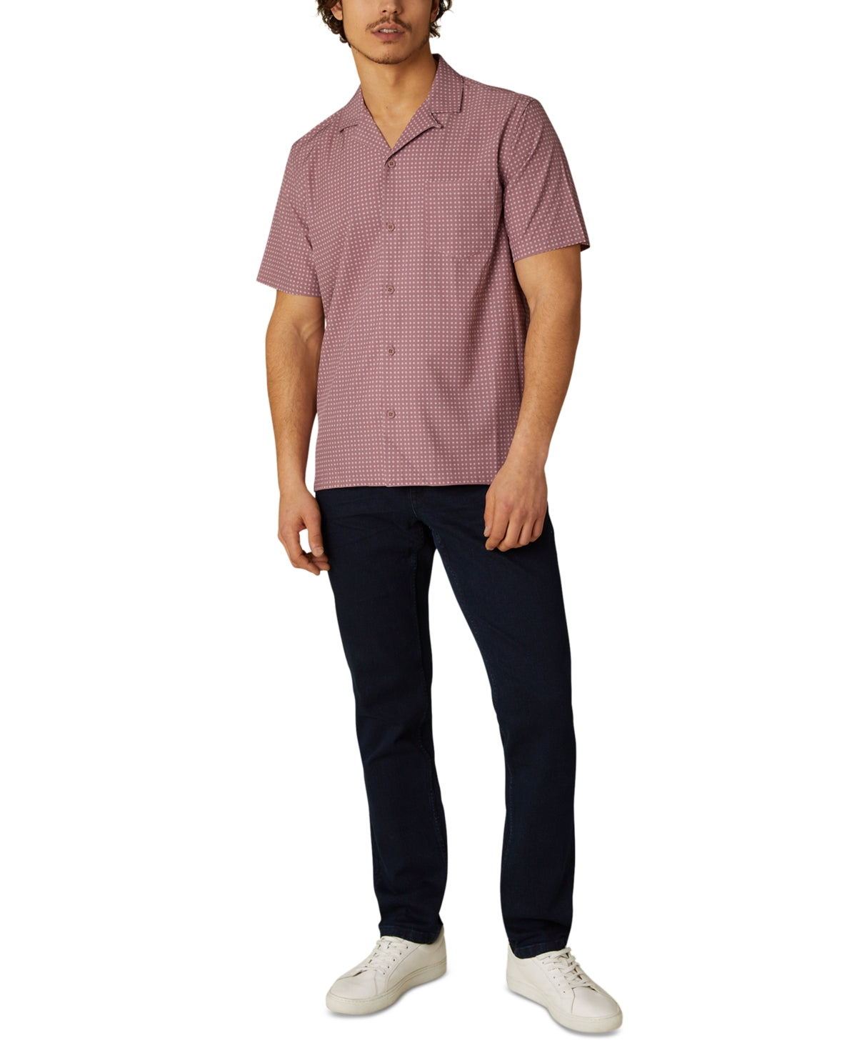 Camisa masculina DKNY Hertford Regular Fit Stretch Geo Print Camp Vermelha Tamanho Médio