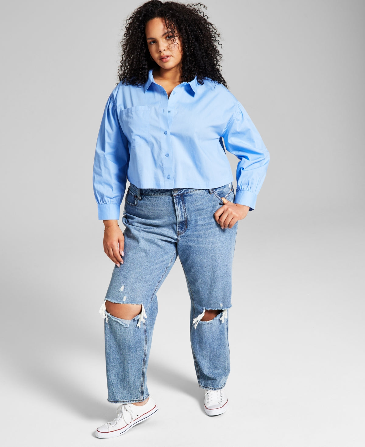 E agora esta blusa feminina de algodão com botões na frente, azul, tamanho 0X