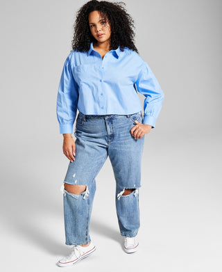 E agora esta blusa feminina de algodão com botões na frente, azul, tamanho 0X