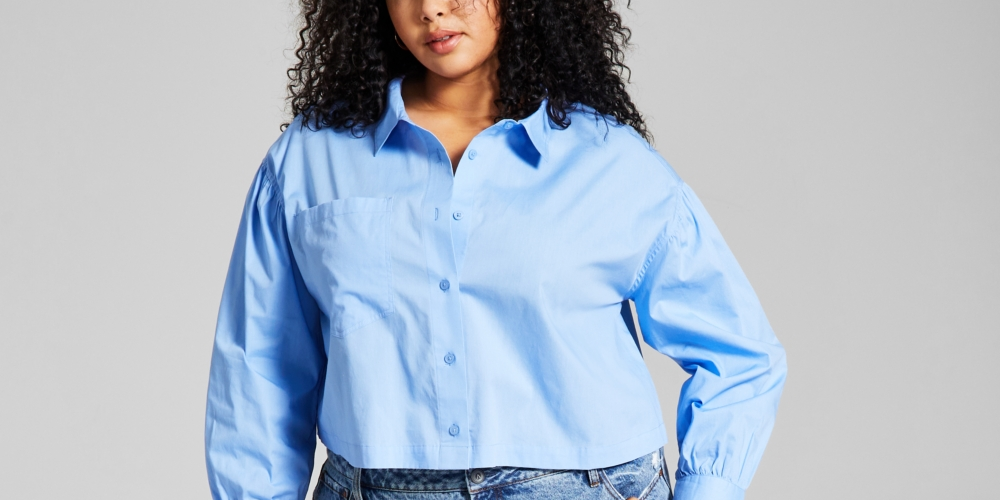 E agora esta blusa feminina de algodão com botões na frente, azul, tamanho 0X