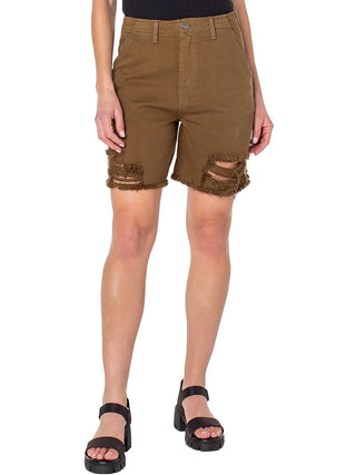 Shorts femininos Earnest Sewn com bainha desfiada e corte midi, verde, tamanho 32