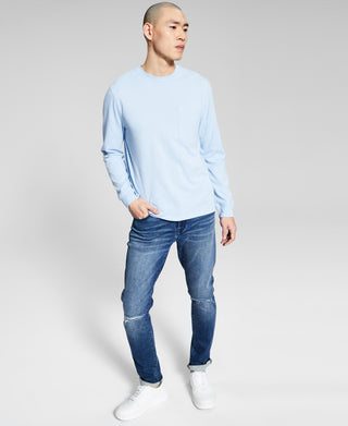 E agora esta camiseta masculina de manga comprida com bolso, azul, tamanho XX-G