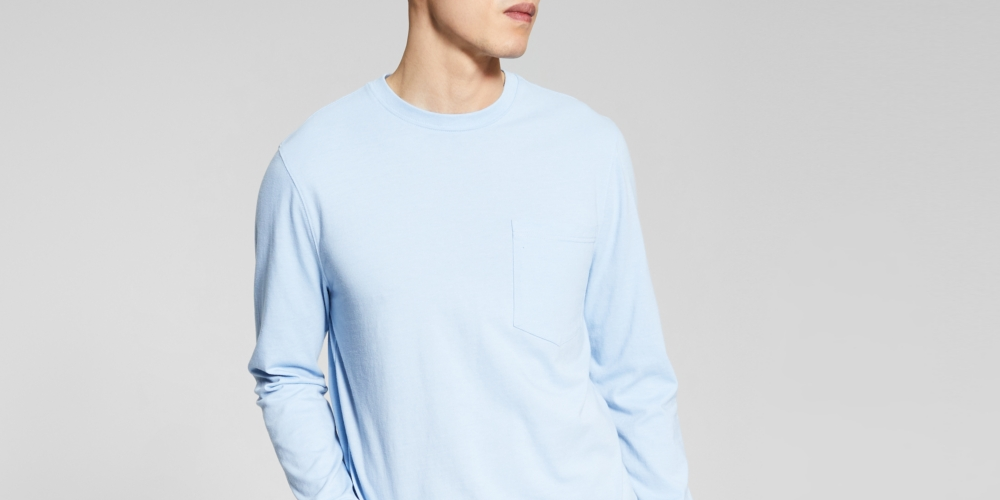 E agora esta camiseta masculina de manga comprida com bolso, azul, tamanho XX-G