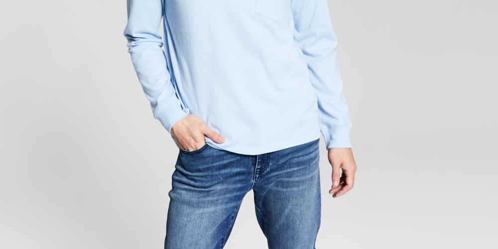 E agora esta camiseta masculina de manga comprida com bolso, azul, tamanho XX-G