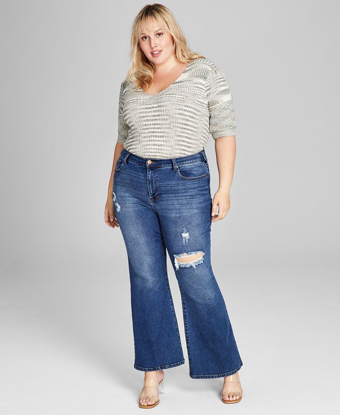 E agora esta calça jeans feminina rasgada e flare, azul, tamanho 22W