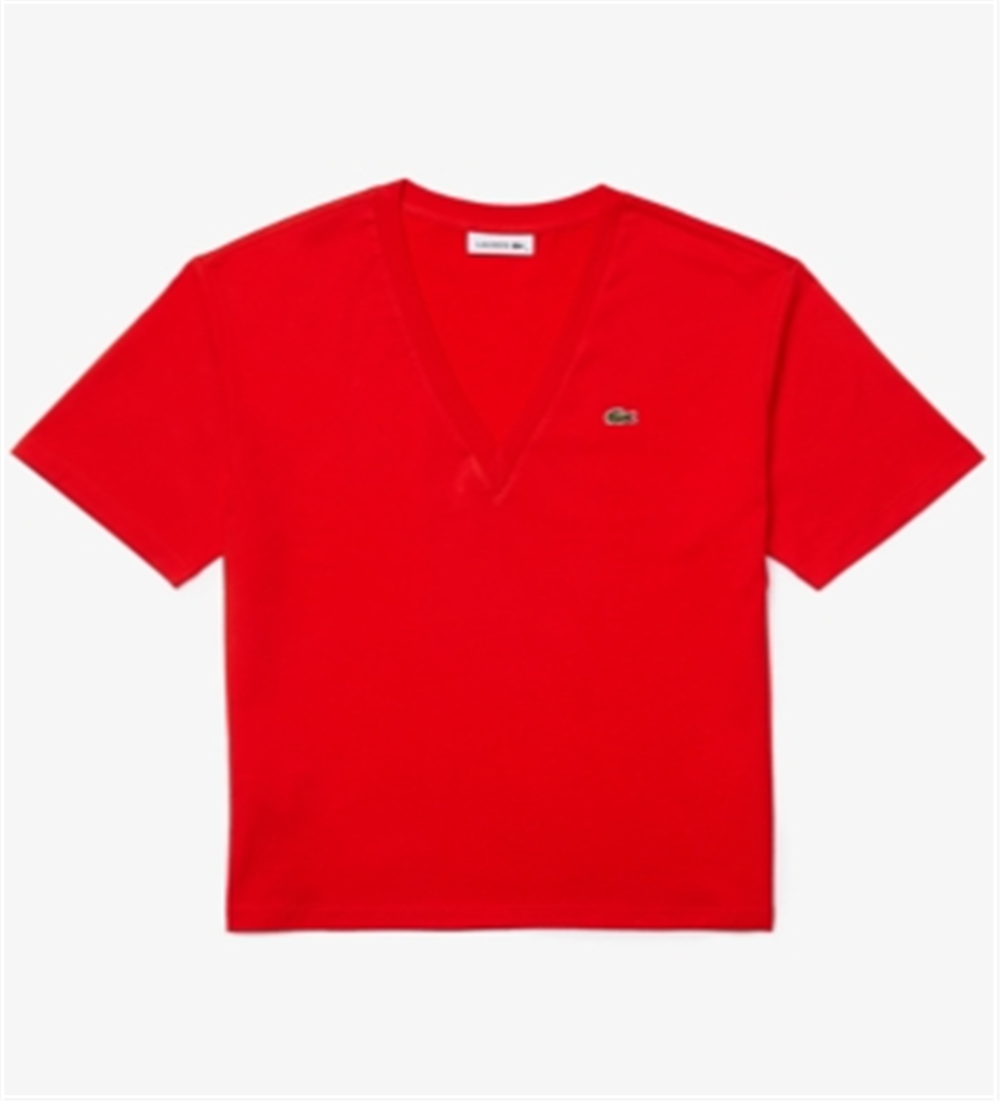 Camiseta feminina Lacoste de algodão liso com ajuste relaxado e gola V, vermelha, tamanho 38