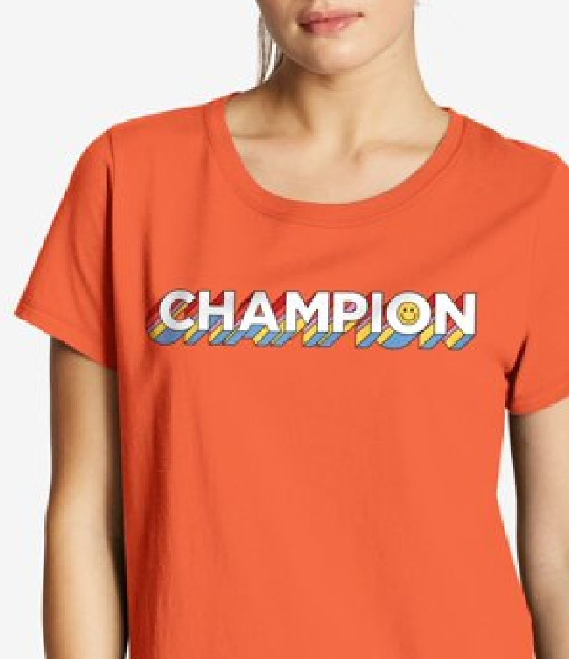 Camiseta feminina Champion com logotipo laranja, tamanho 2X