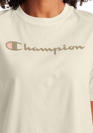 Camiseta curta feminina Champion com logo marrom, tamanho grande
