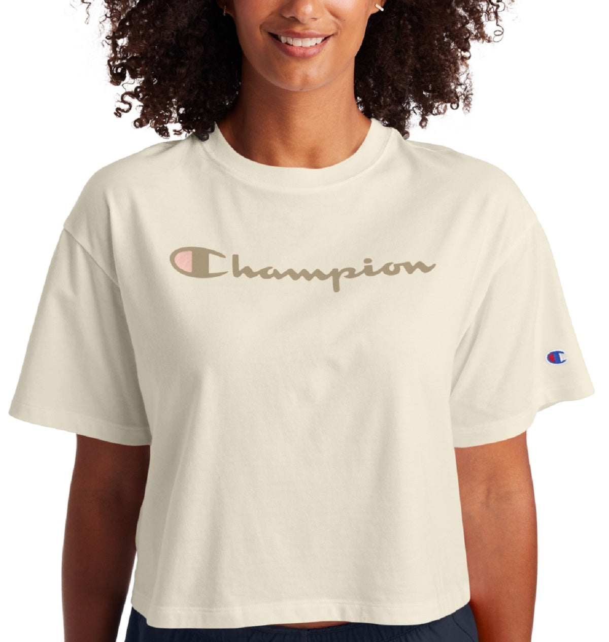 Camiseta curta feminina Champion com logo marrom