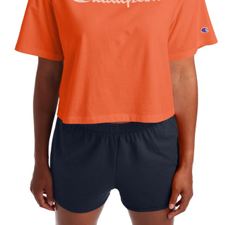 Camiseta curta feminina Champion com logo laranja, tamanho XS