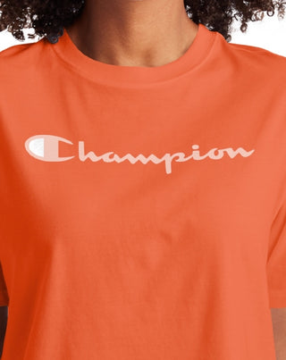 Camiseta curta feminina Champion com logo laranja, tamanho grande