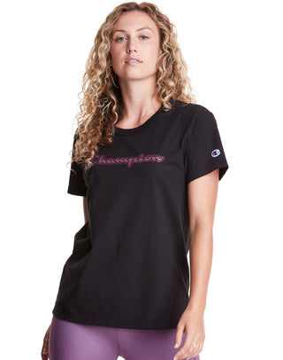 Camiseta Champion Feminina com Estampa Pied de Poule e Logotipo Boyfriend, Preta, Tamanho P
