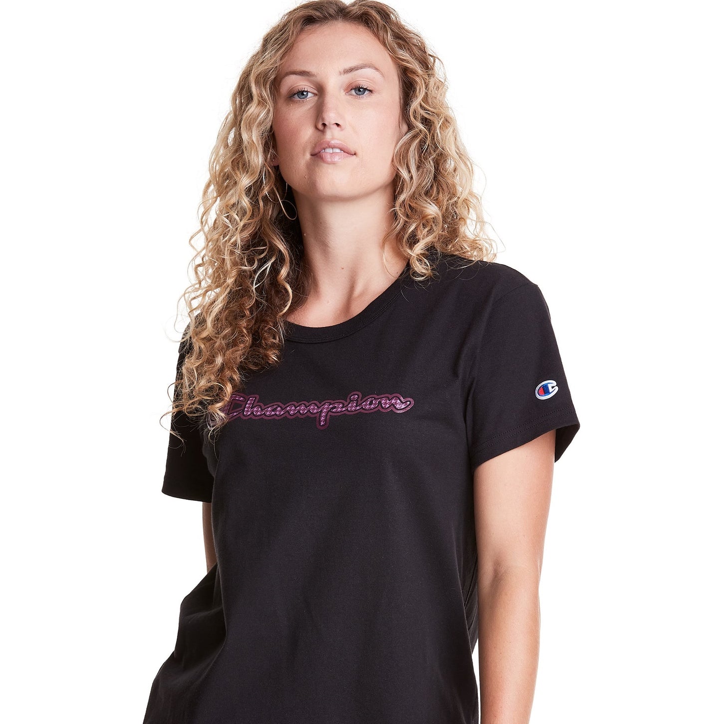 Camiseta Champion Feminina com Estampa Pied de Poule e Logotipo Boyfriend, Preta, Tamanho P