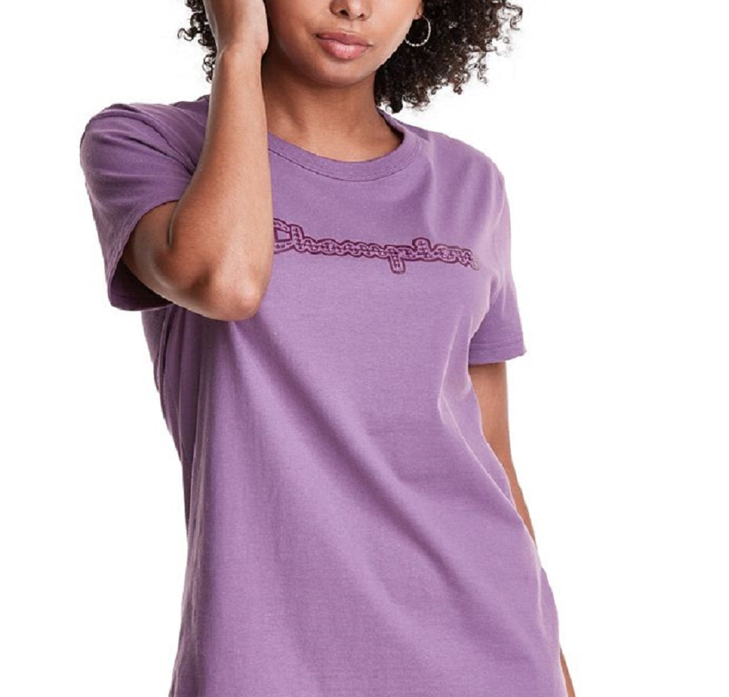 Camiseta Champion Feminina Boyfriend com estampa de pied-de-poule e logotipo da marca, roxa, tamanho pequeno
