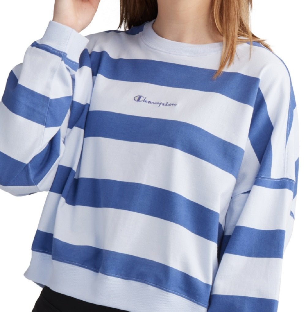 Champion Blusa feminina listrada de algodão manga comprida azul tamanho grande