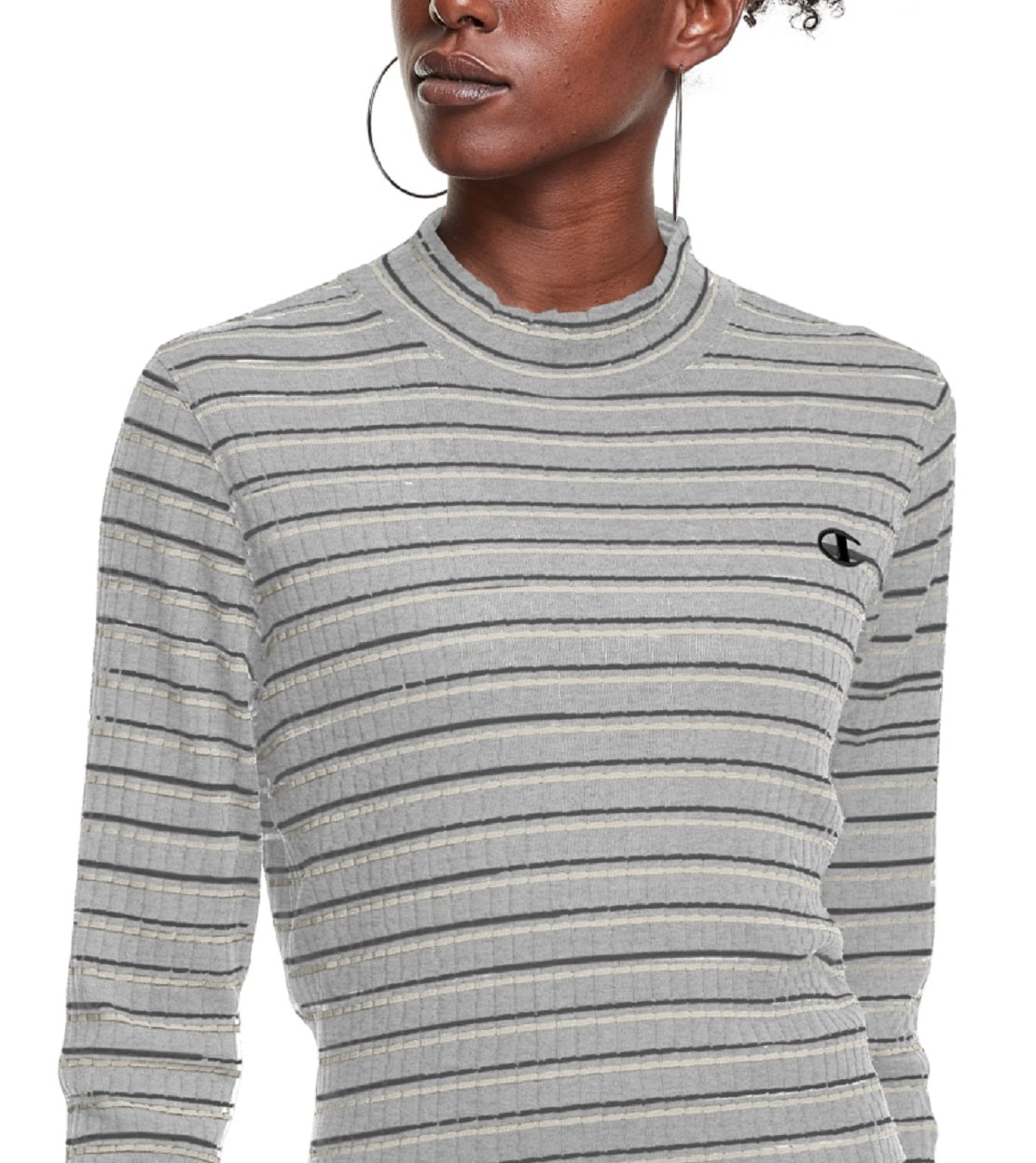 Camiseta feminina Champion Campus listrada com gola falsa, cinza, tamanho grande
