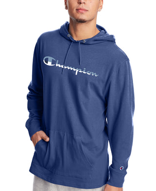 Moletom com capuz estampado com logotipo Champion masculino, azul, tamanho pequeno