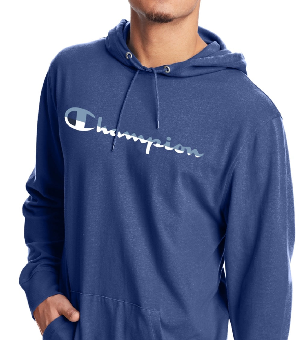 Moletom com capuz estampado com logotipo Champion masculino, azul, tamanho pequeno