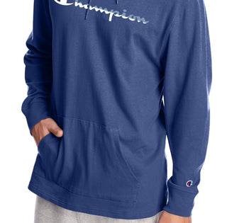 Moletom com capuz estampado com logotipo Champion masculino, azul, tamanho pequeno