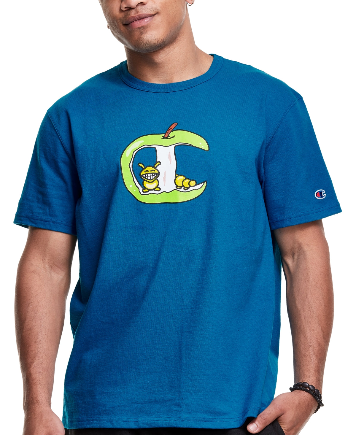 Camiseta masculina Champion com estampa gráfica Apple Core Logo, azul, tamanho grande