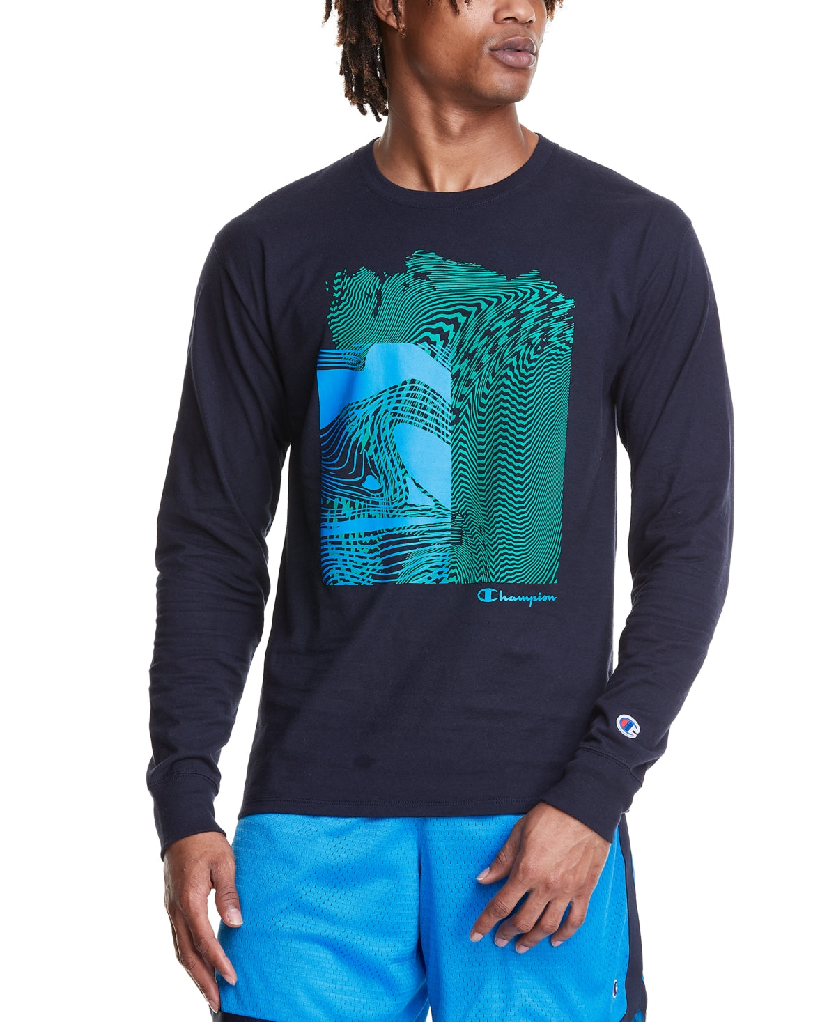 Camiseta masculina Champion com estampa abstrata azul, tamanho médio