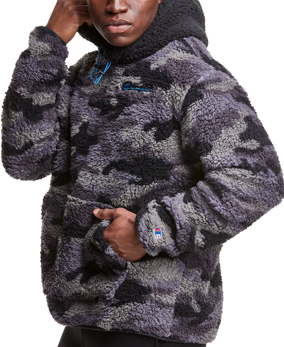 Moletom com capuz masculino Champion High Pile Camo Fleece cinza tamanho médio