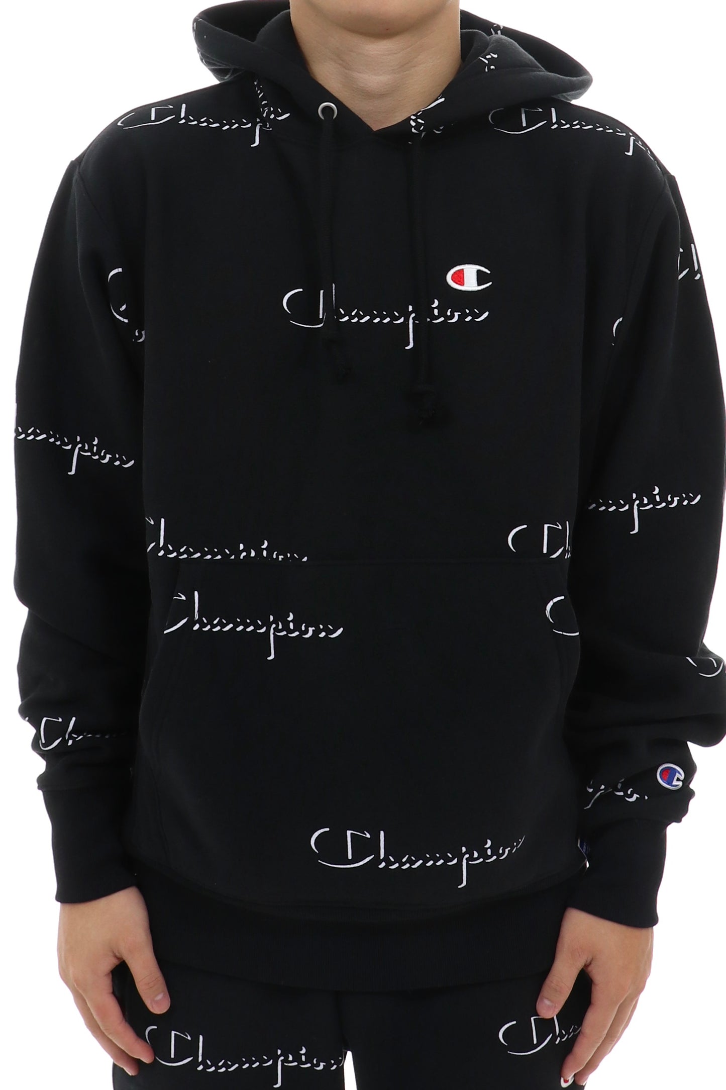 Moletom com capuz masculino Champion Reverse Weave All Over Logo, preto, tamanho XX-G