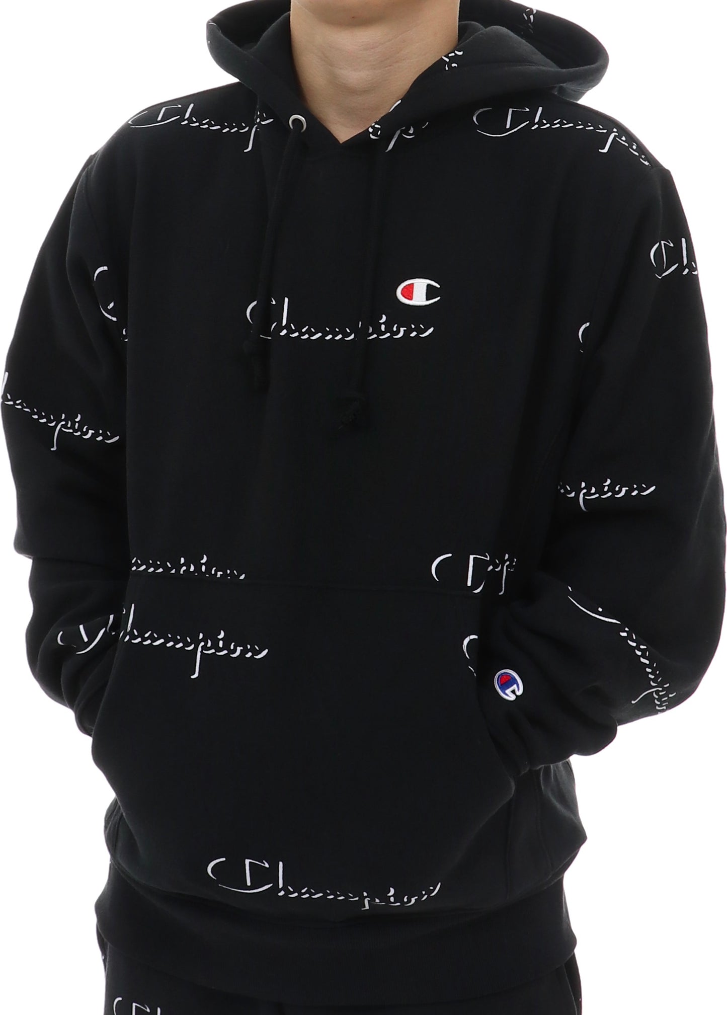 Moletom com capuz masculino Champion Reverse Weave All Over Logo, preto, tamanho XX-G