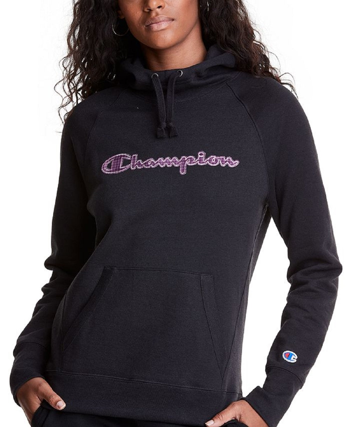 Moletom com capuz Champion feminino com logotipo, preto, tamanho pequeno