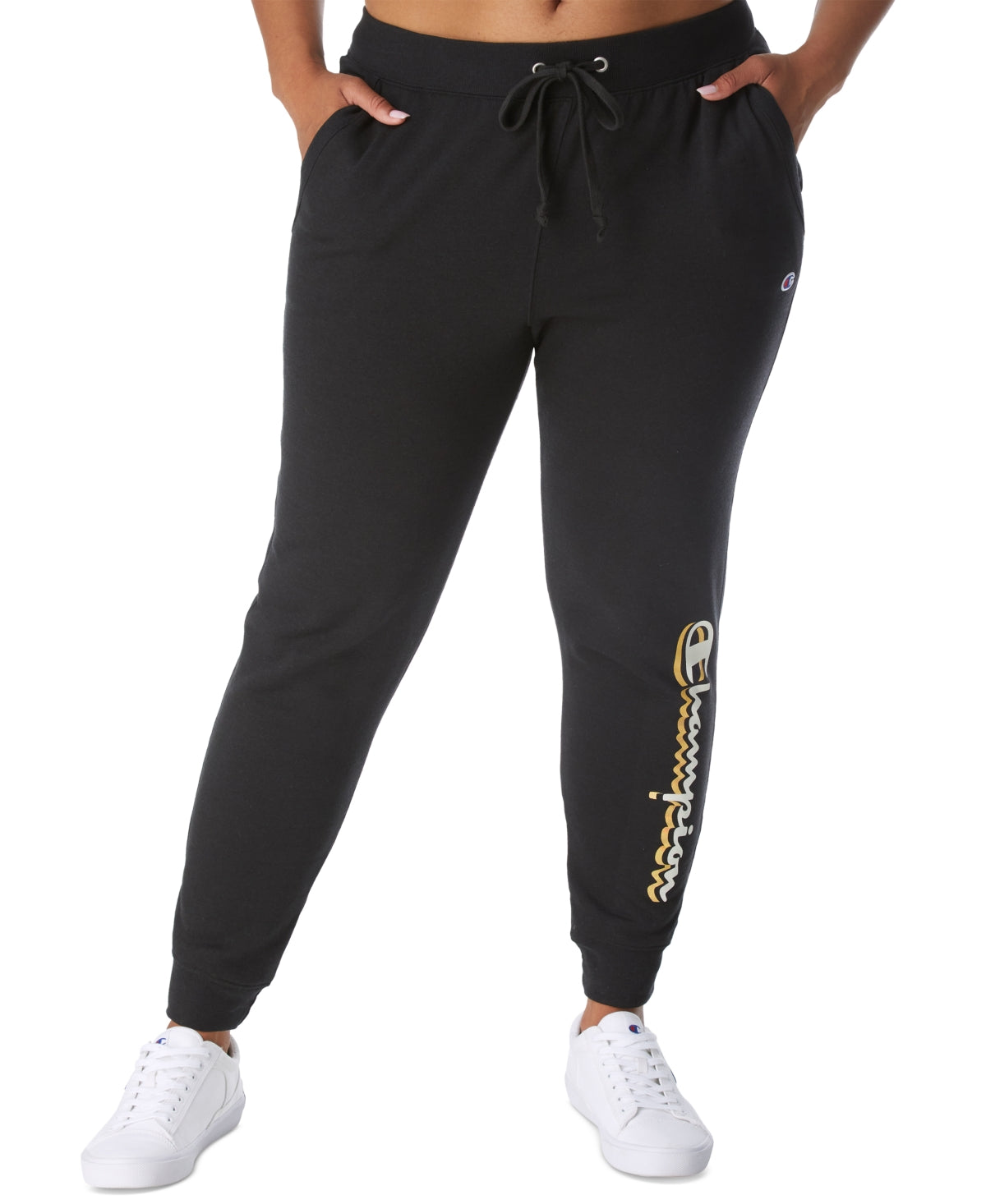 Calça jogger feminina Champion Powerblend Graphic preta tamanho 1X