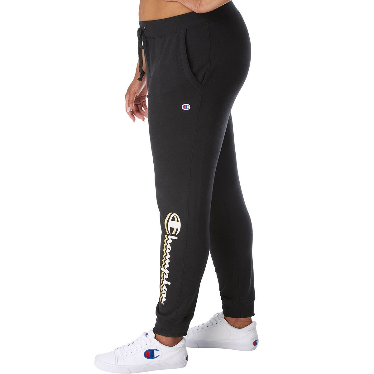 Calça jogger feminina Champion Powerblend Graphic preta tamanho 1X