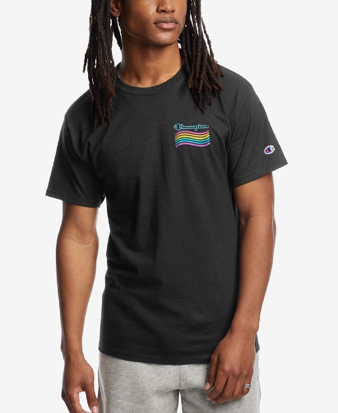 Camiseta masculina Champion Equal V2 com logo gráfico, preta, tamanho médio
