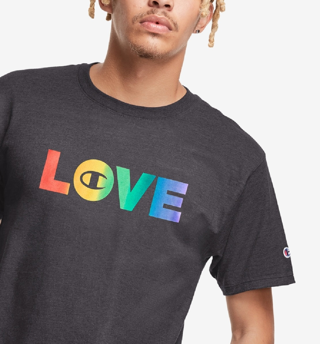 Camiseta gráfica Champion masculina Rainbow Love Jersey cinza, tamanho médio