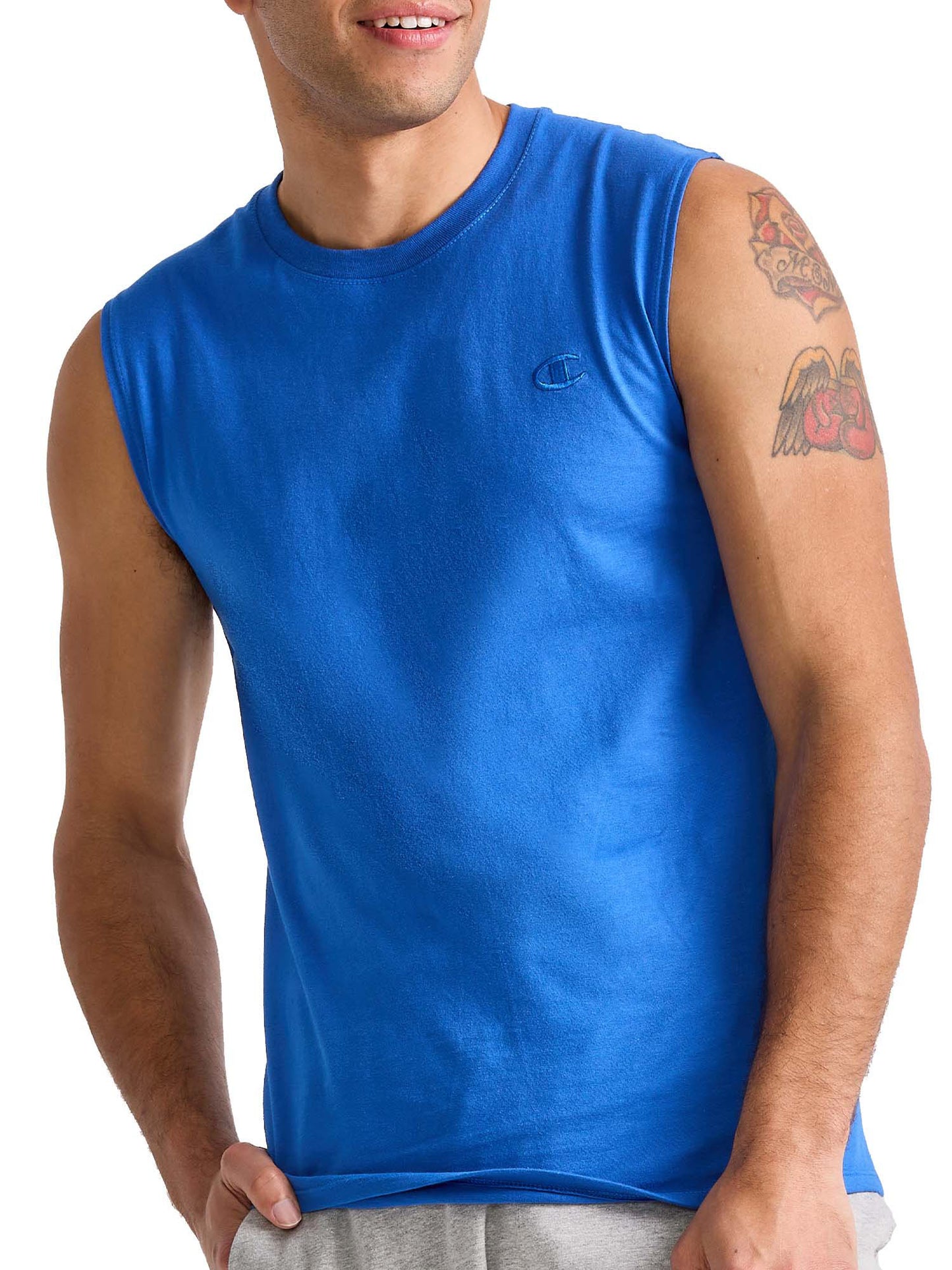 Camiseta masculina Champion Classic Muscle com logotipo bordado azul, tamanho pequeno
