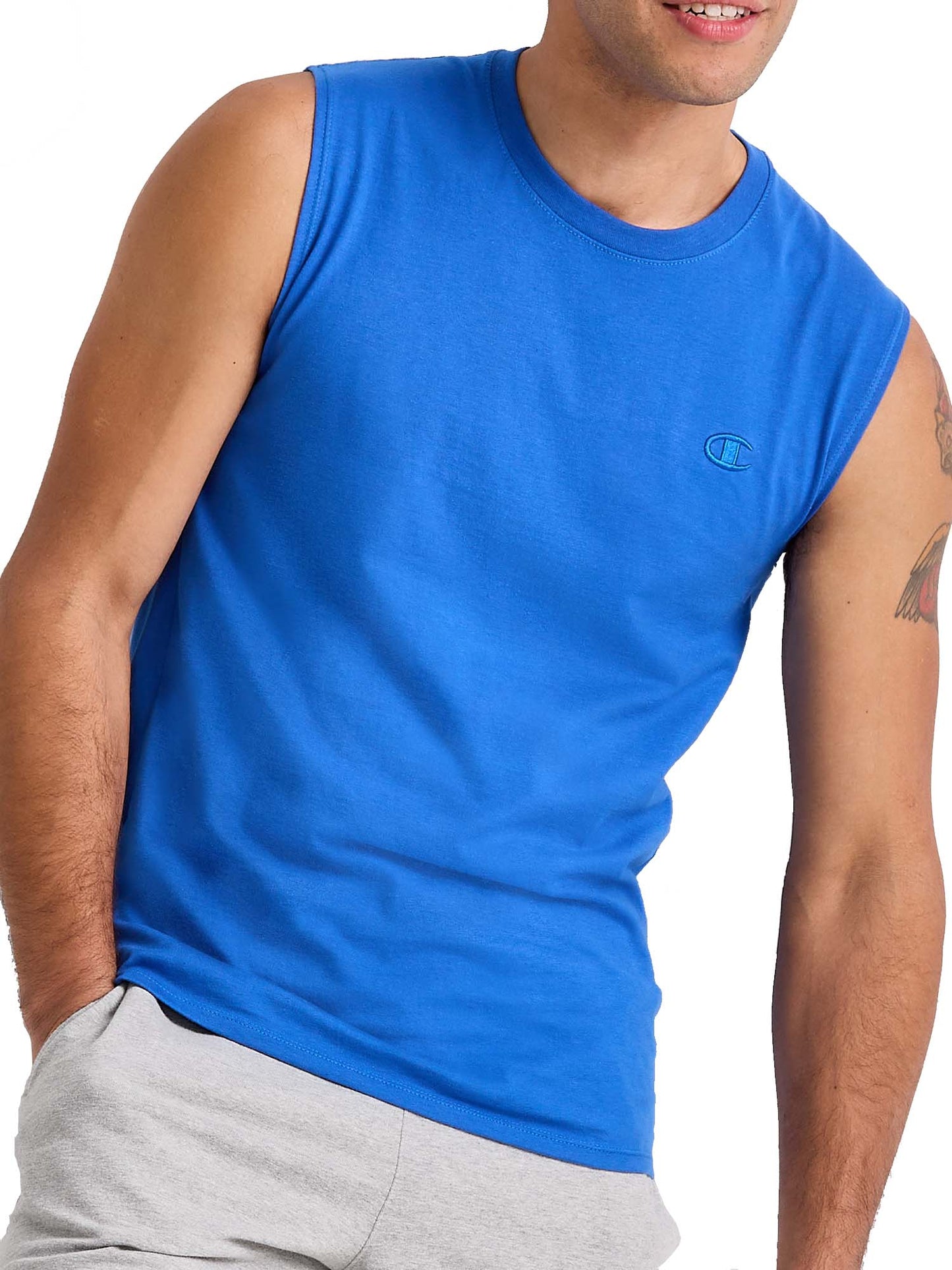Camiseta masculina Champion Classic Muscle com logotipo bordado azul, tamanho pequeno