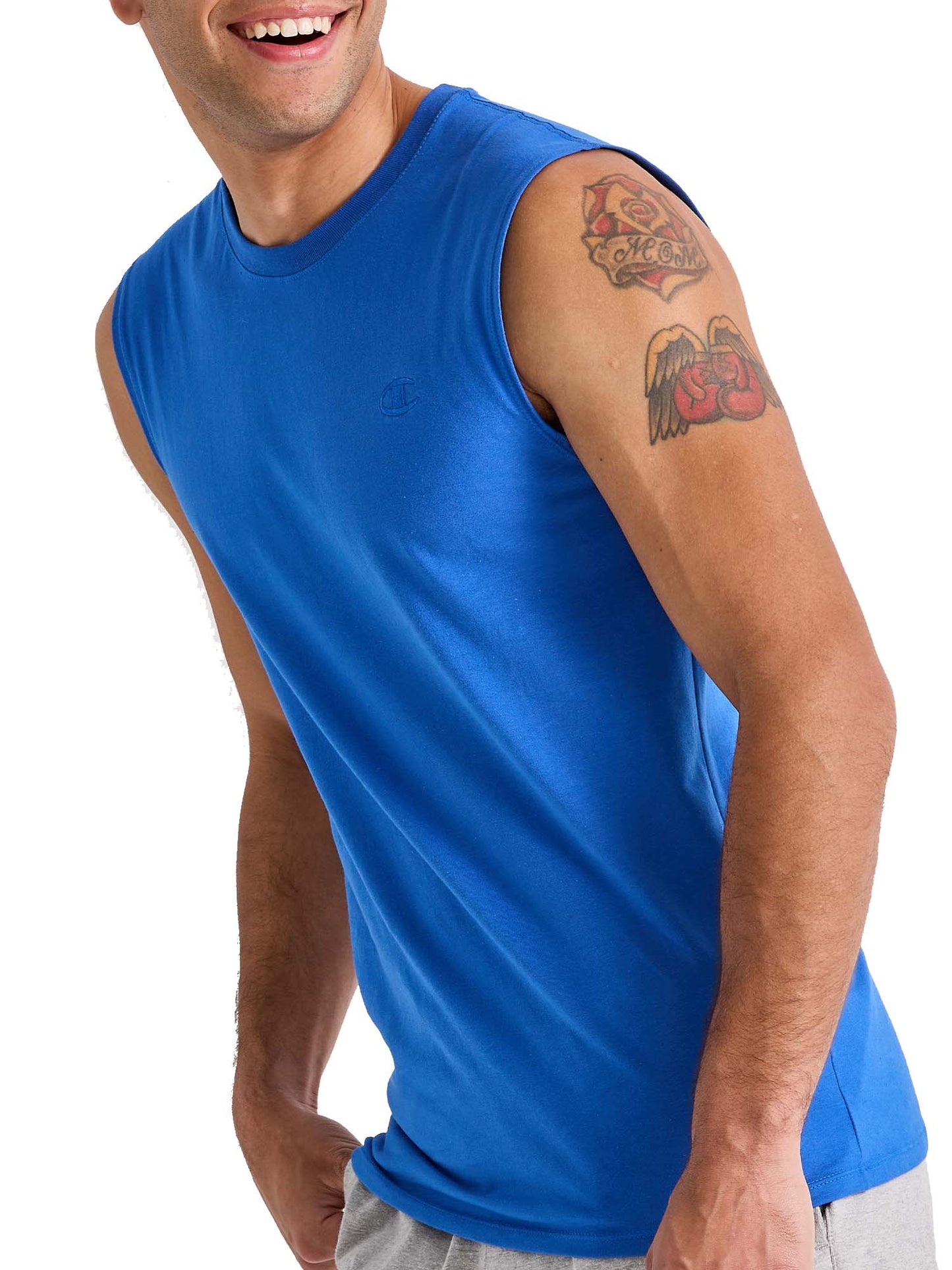Camiseta masculina Champion Classic Muscle com logotipo bordado azul, tamanho pequeno