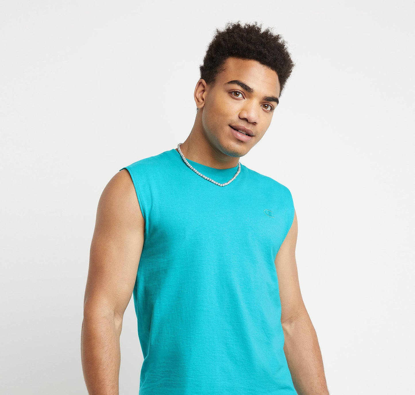 Camiseta regata masculina Champion com gola redonda e sem mangas, azul, tamanho pequeno