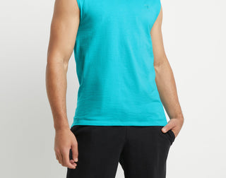 Camiseta regata masculina Champion com gola redonda e sem mangas, azul, tamanho pequeno
