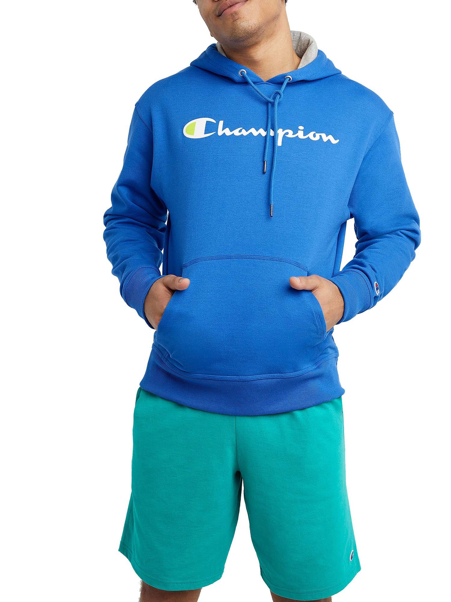 Moletom com capuz Champion Powerblend Fleece Graphic Script Logo Masculino Azul Tamanho Grande