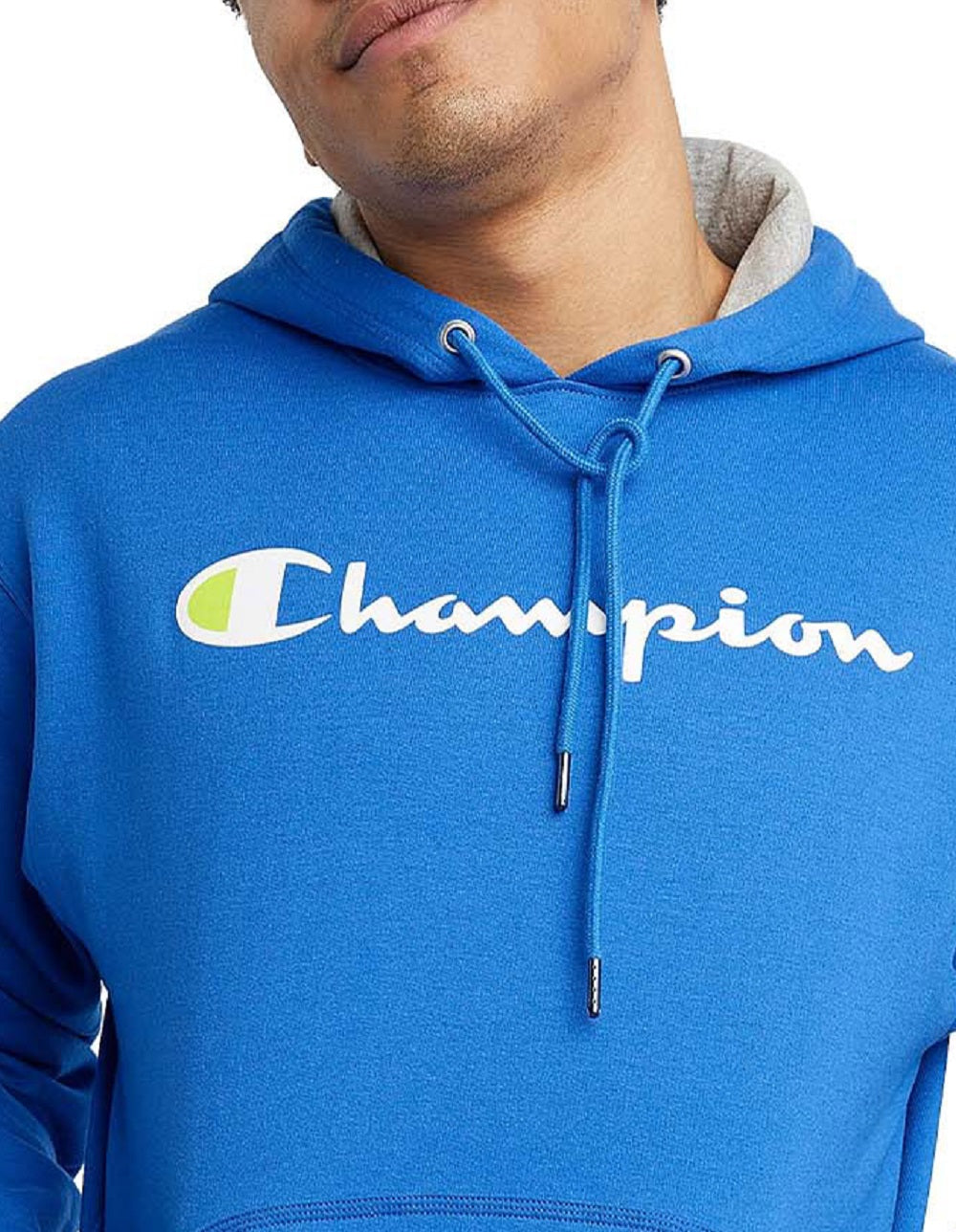 Moletom com capuz Champion Powerblend Fleece Graphic Script Logo Masculino Azul Tamanho Grande