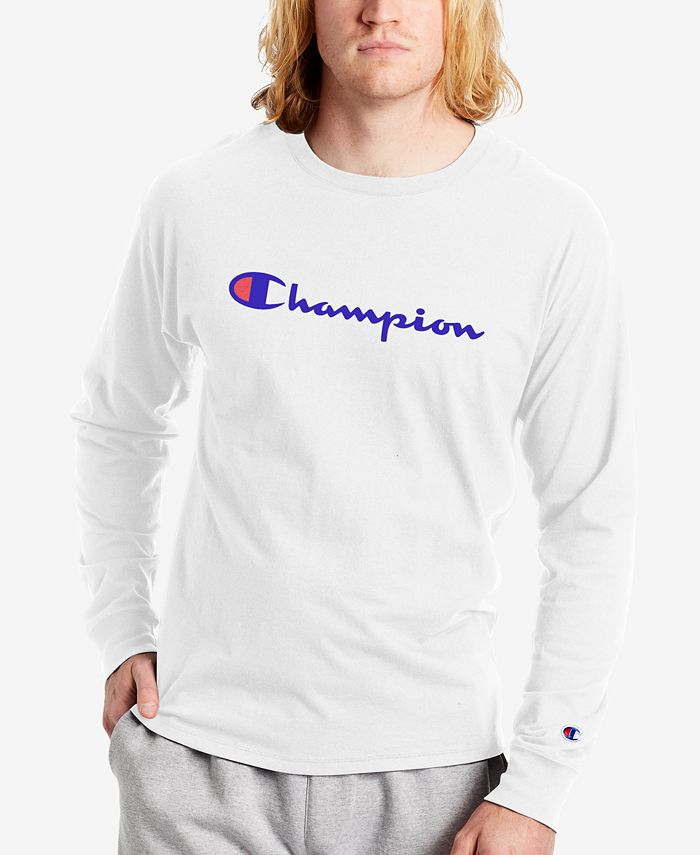 Camiseta masculina Champion com logotipo Script, manga comprida, azul, tamanho M