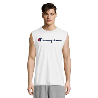 Camiseta sem mangas Champion masculina com logotipo esportivo e musculoso, branca, tamanho P