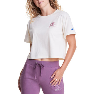 Camiseta curta feminina Champion com estampa floral marrom, tamanho médio