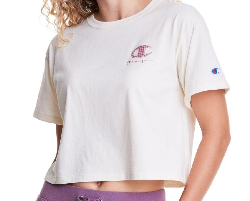 Camiseta curta feminina Champion com estampa floral marrom, tamanho médio